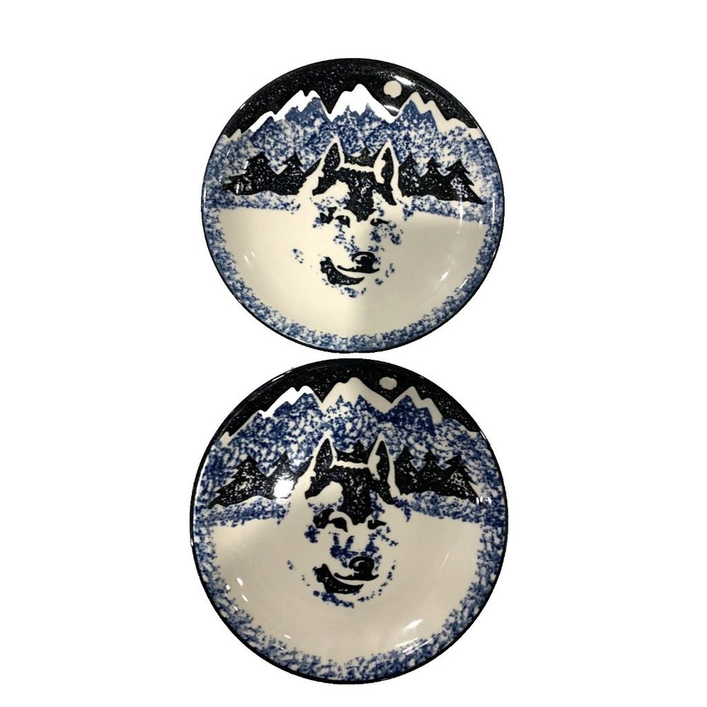 Set of 2 VTG WOLF ~ TIENSHAN FOLK CRAFT 7 5/8' Salad Dessert Plates Blue Sponge